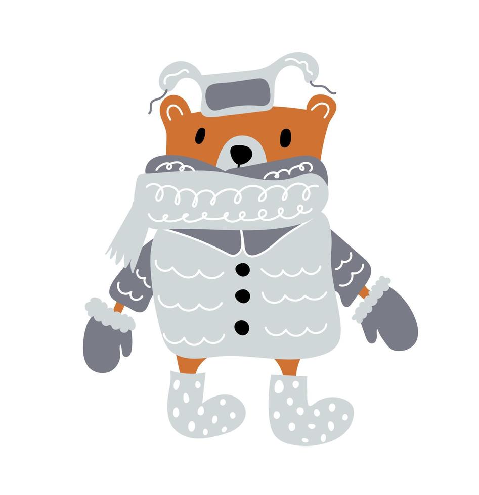 Winter Bear in a hat. Vector christmas illustration in Scandinavian style. Funny, baby cute poster