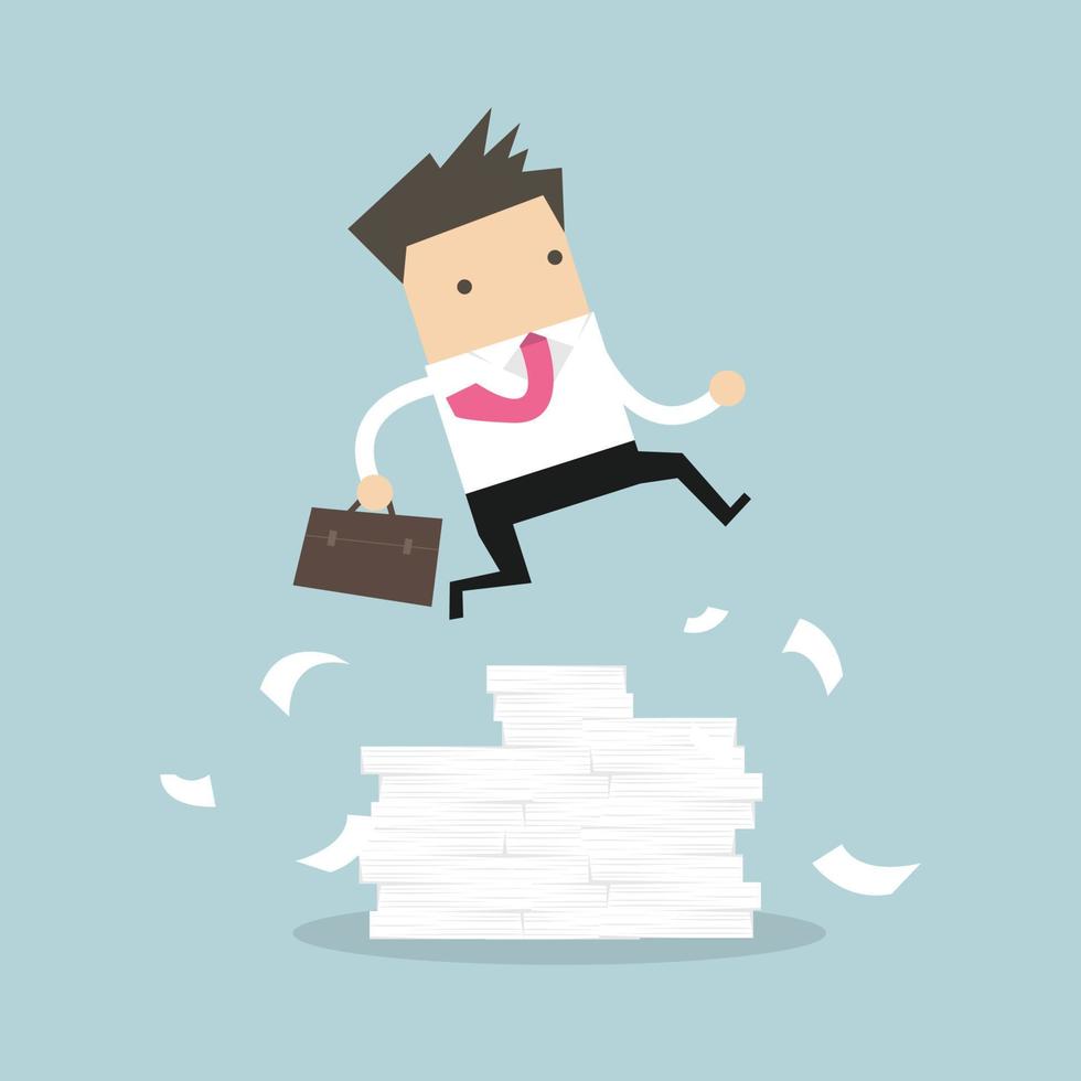 Businessman or manager jumping over obstacles. Large stack of documents. vector