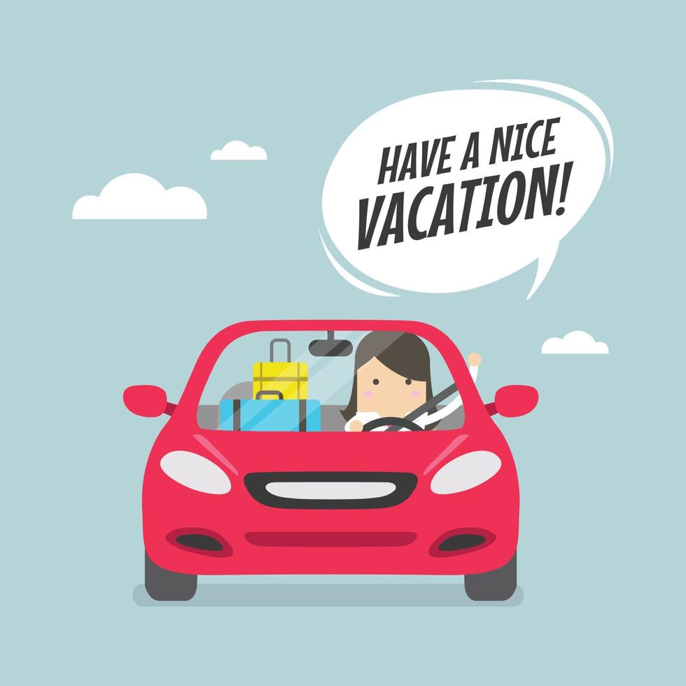 alegre empresaria viajando en coche con maletas y decir que tengas unas buenas vacaciones. vector