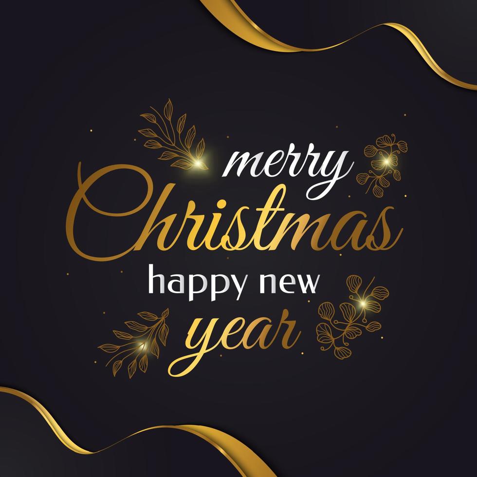 Merry Christmas and Happy New Year Banner or Poster with Golden Flowers. Elegant Christmas Greeting card in Black and Gold vector