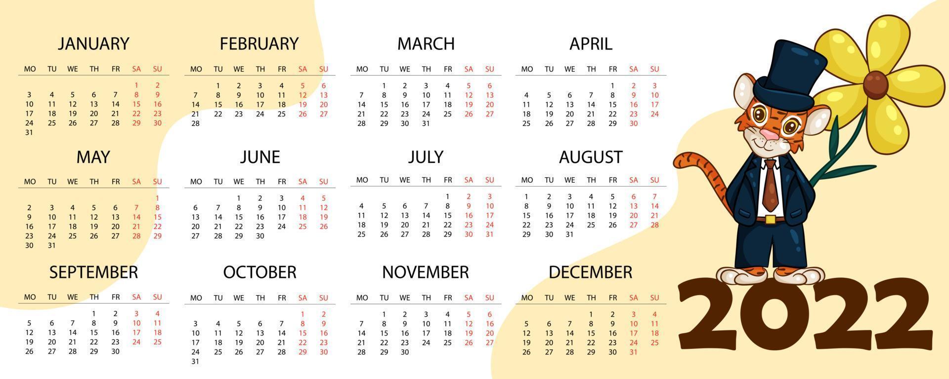 Calendar design template for 2022, the year of the tiger according to the Chinese or Eastern calendar, with an illustration of the tiger. Horizontal table with calendar for 2022. Vector