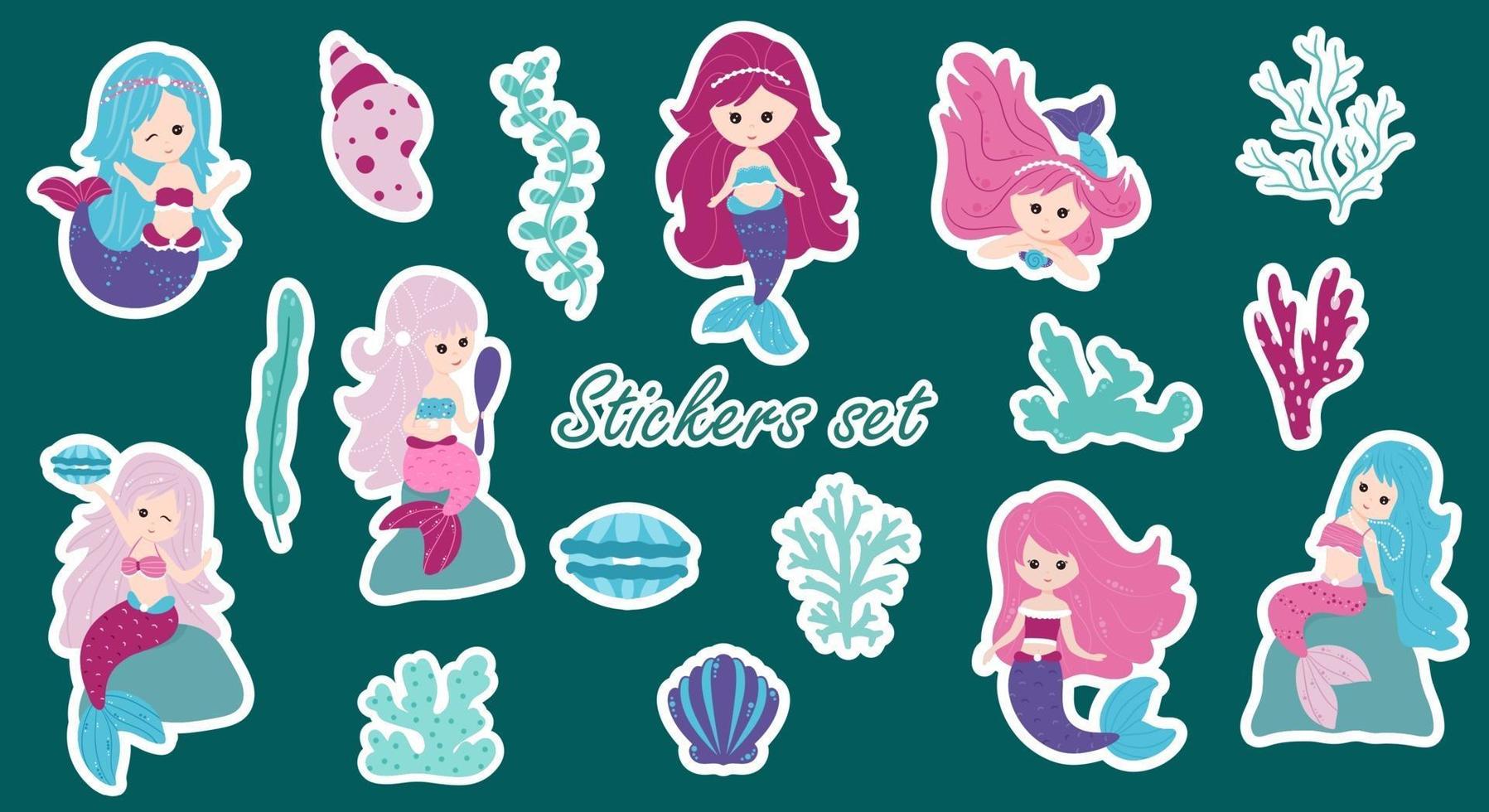 Little mermaids and elements of the underwater world. Set of stickers. vector