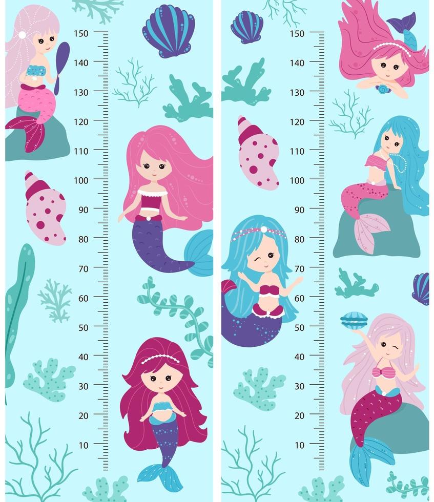 Kids height chart with little mermaids. Vector Illustration, cartoon style