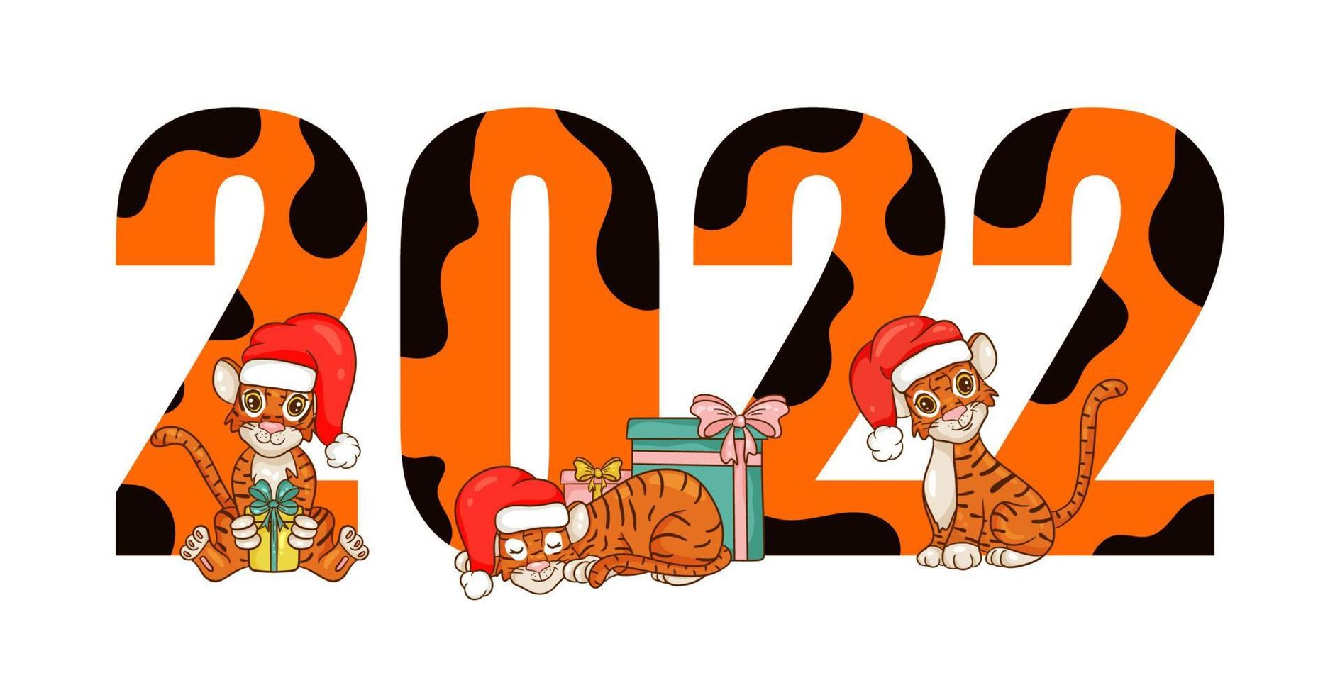 Happy New Year 2022 text design with cartoon style with tigers. The symbol of the year according to the Chinese calendar. Design brochure, template, postcard, banner. Vector illustration.