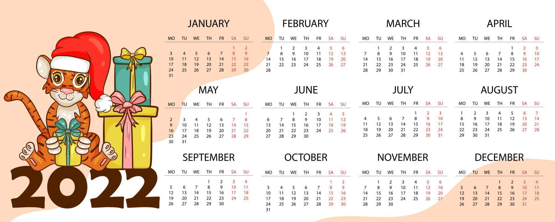 Calendar design template for 2022, the year of the tiger according to the Chinese or Eastern calendar, with an illustration of the tiger. Horizontal table with calendar for 2022. Vector