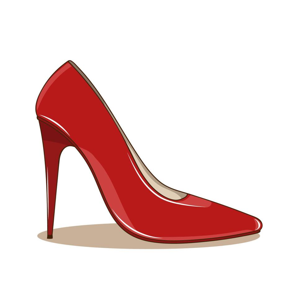 Female fashionable shoe, high spike heel, pointed toecap. Bright red. Vector illustration, isolated on white background. Cartoon style with lights and shadows.