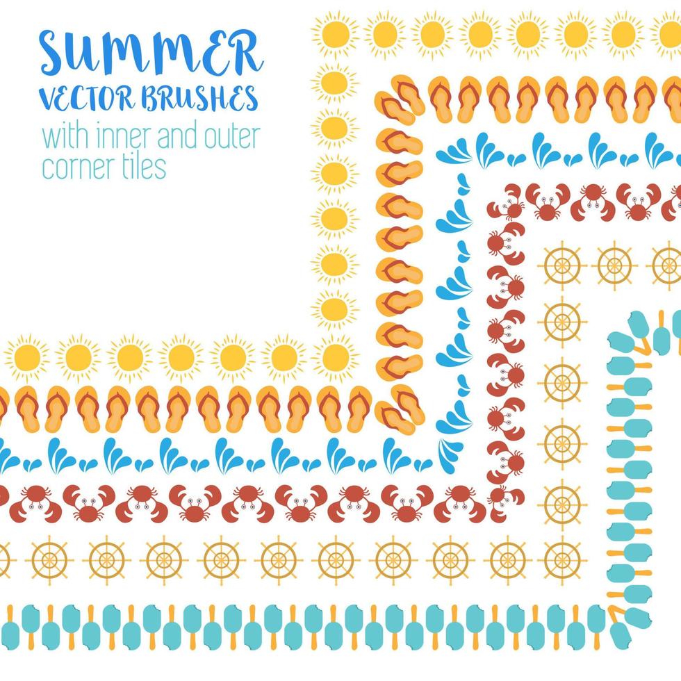 Vector set of colored pattern brushes, summer time and beach theme. Sun, flip flop, water drop and splash, crab, ice cream. Inner and outer corner tiles included.