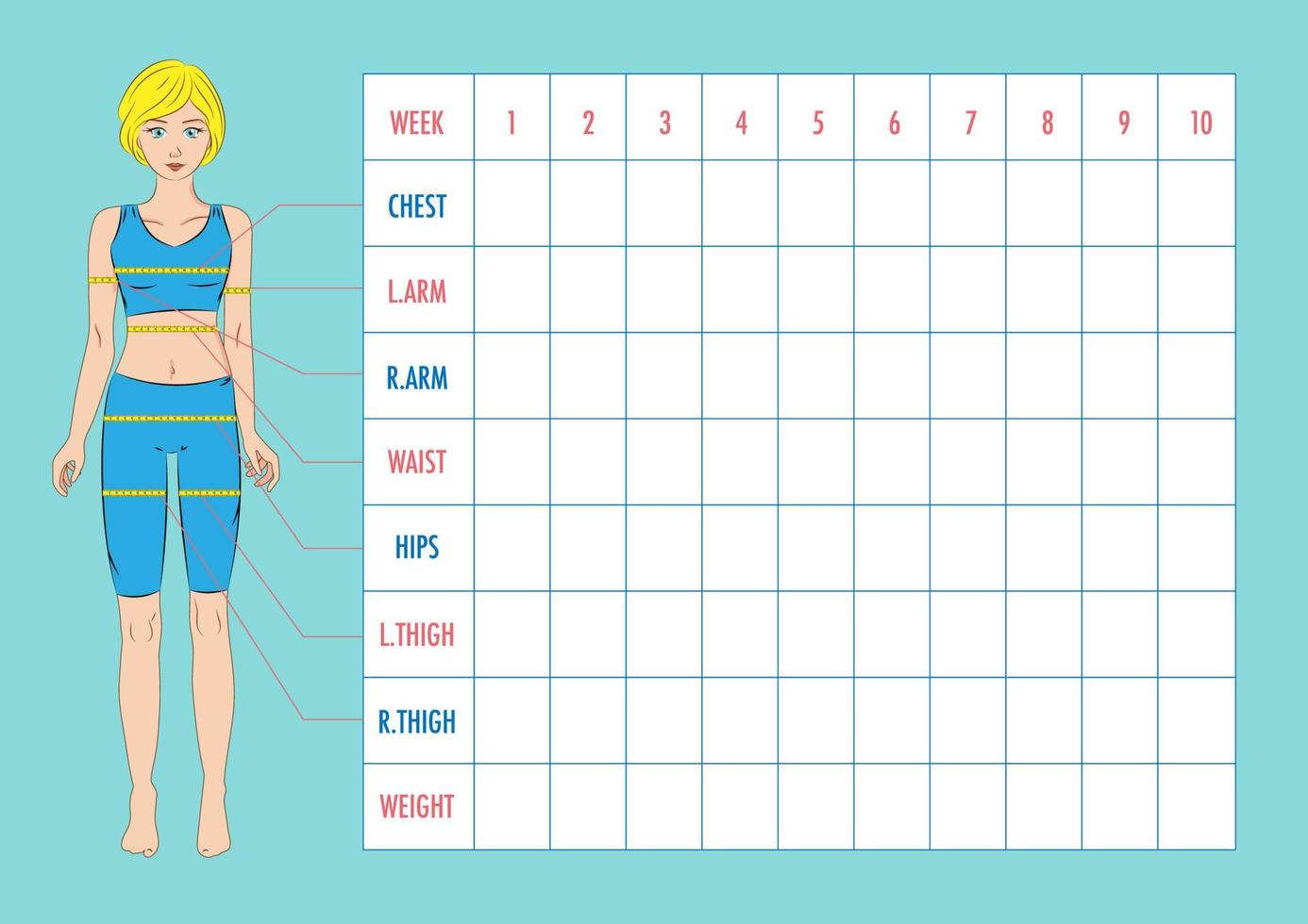 Measurement chart for sport and diet effect tracking. Blank weight loss table layout. Chest, waist, hips, arms, thighs measurements recording. Girl in sportswear. Vector illustration.