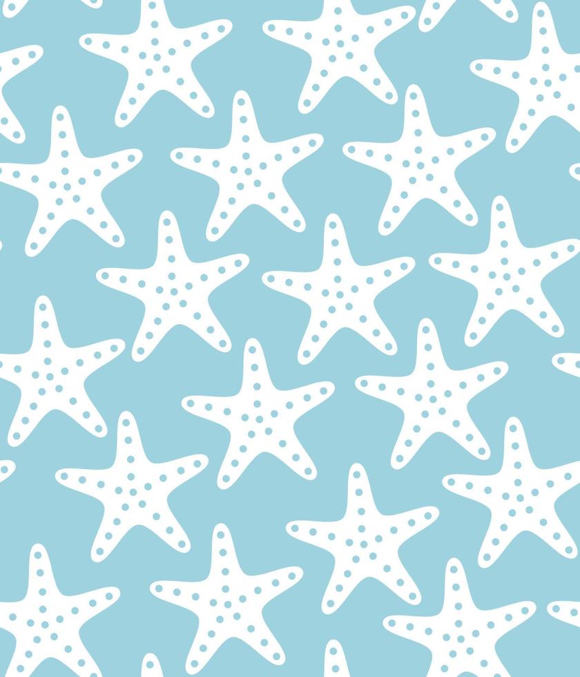 Monochrome seamless pattern with white starfish silhouettes on light blue background. vector