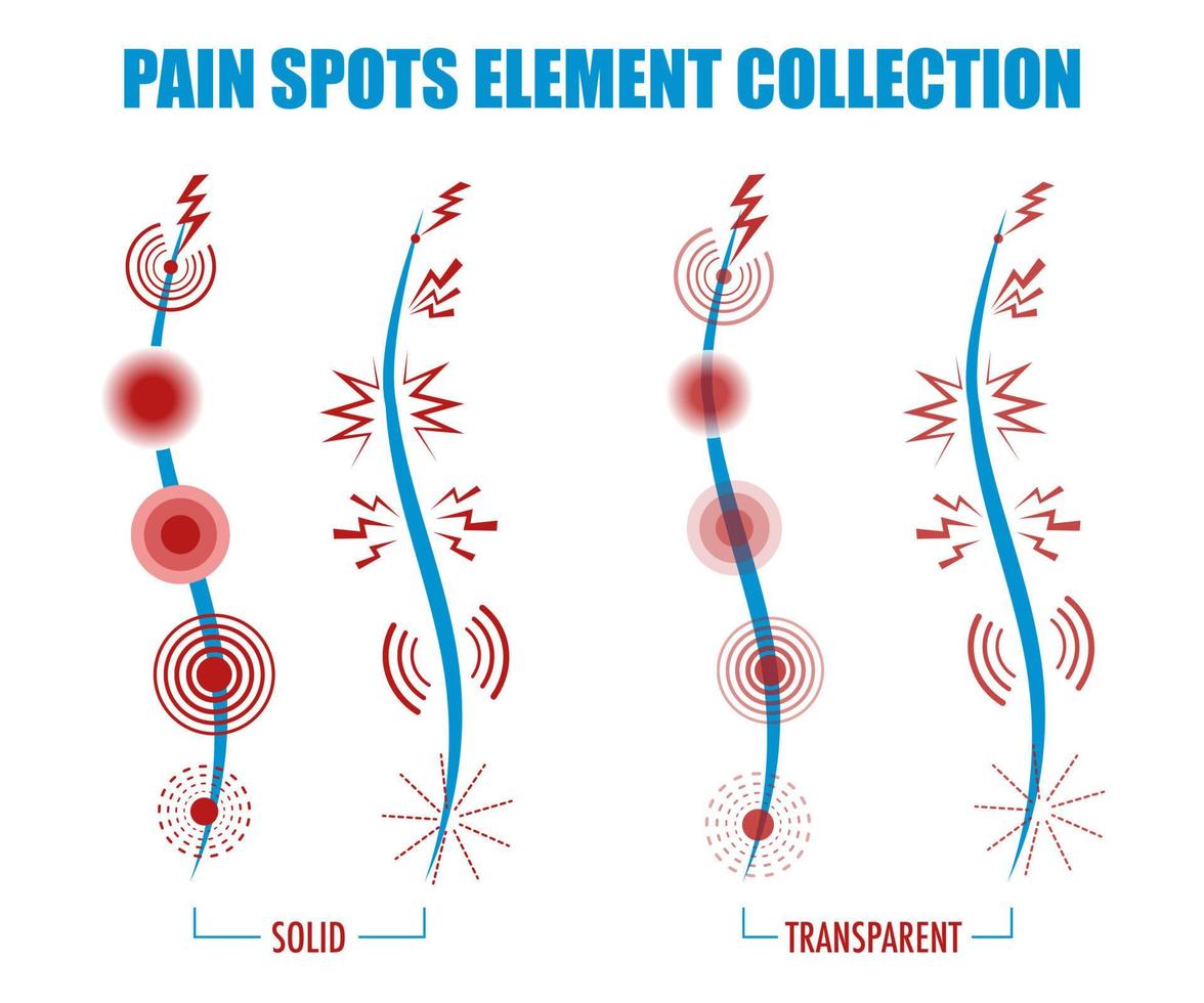 Set of pain points, markers and icons for illustrations, medical and healthcare themed designs. Assorted pain signs, vector elements.