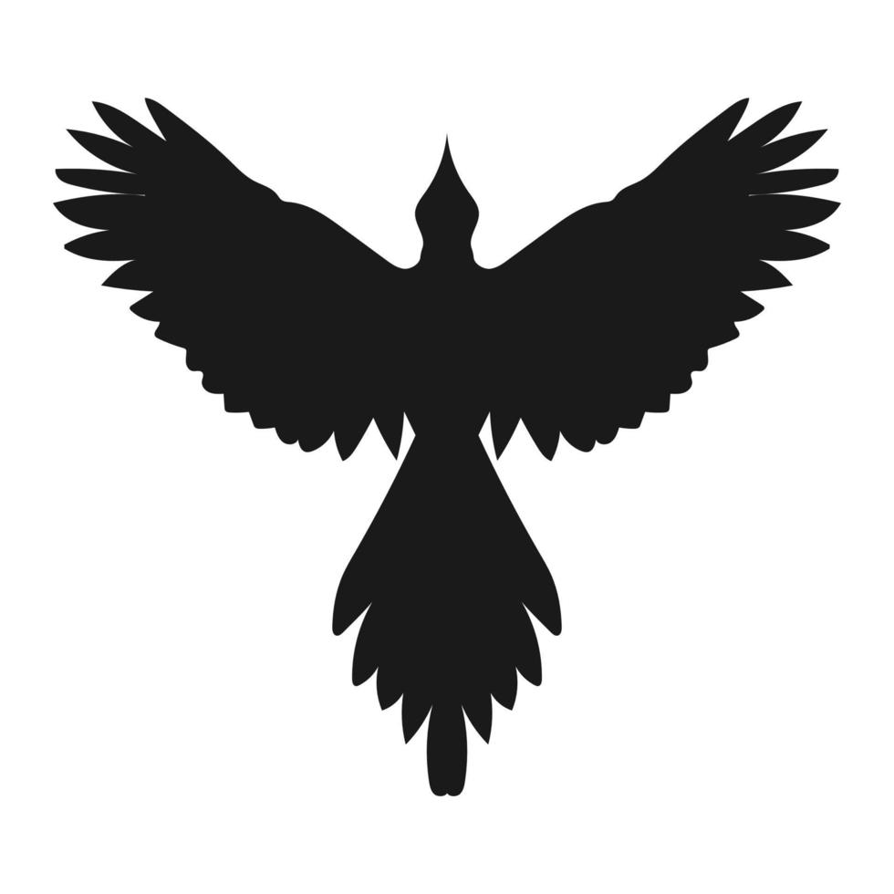 Silhouette of a flying magpie bird, front view with spread wings. Simple vector contour isolated on white background. Graphic magpie icon.