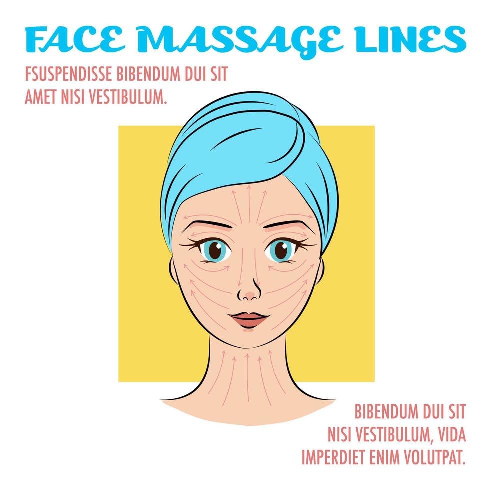 ilustración vectorial. primer retrato femenino con líneas y direcciones de masaje facial. Cara de mujer linda y encantadora con efecto dibujado a mano. esquema infográfico con encabezados. vector