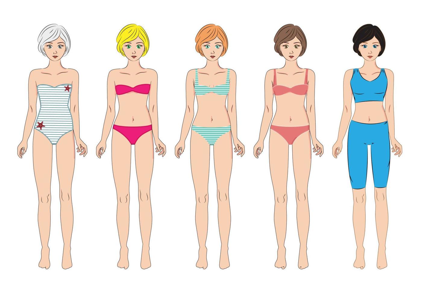 Vector set of 5 women in assorted swimwear, sportswear and underwear. Standing full body, front, isolated on white. Female body in good shape. Cute cartoon style.