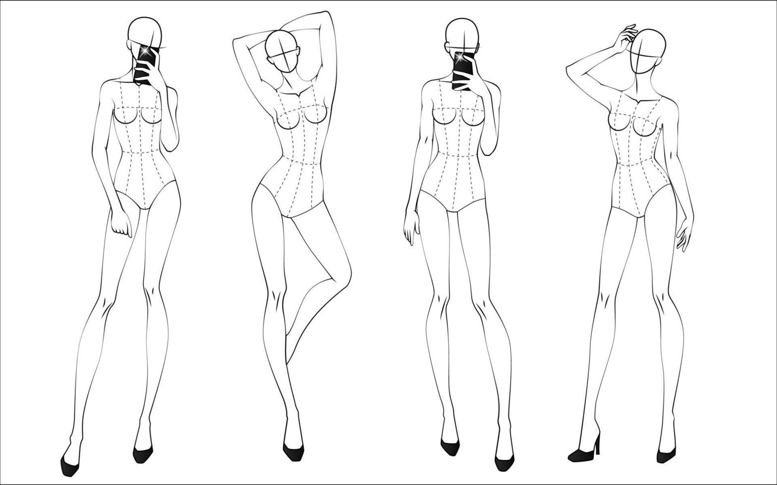 figura de moda diez cabezas plantilla de diseño croquis con corpiño vector