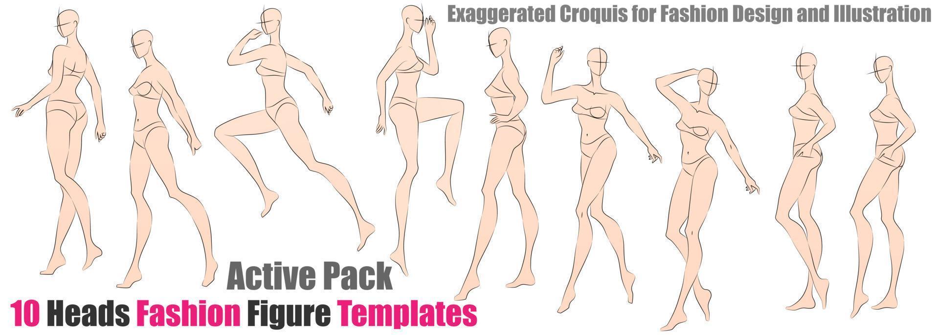 10 Heads Fashion Figure Templates - Active Pack. Exaggerated Croquis for Fashion Design and Illustration vector