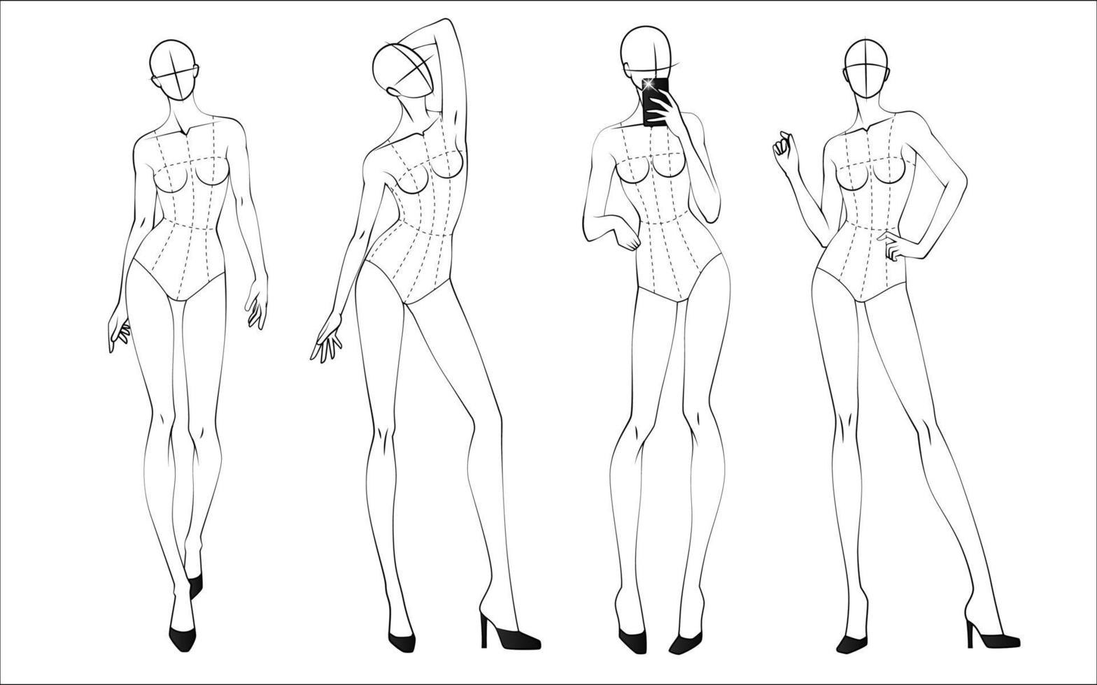 figura de moda diez cabezas plantilla de diseño croquis con corpiño vector