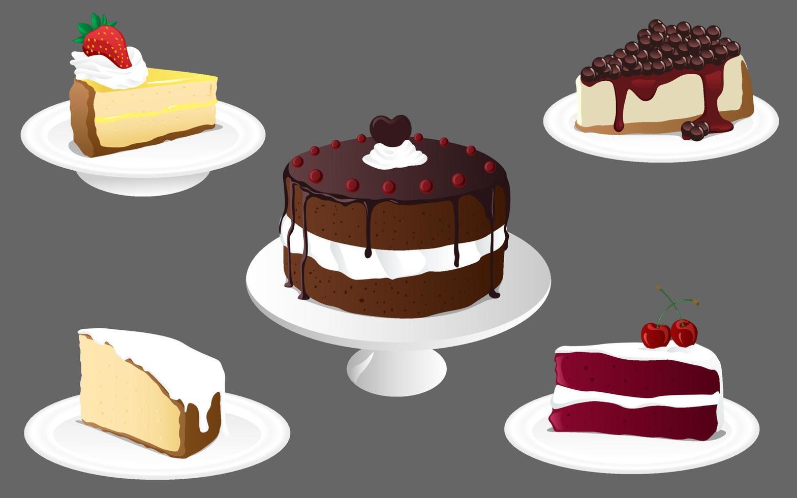 Dessert Chocolate Cake with White Filling and glossy Frosting and Various Cake Slices vector