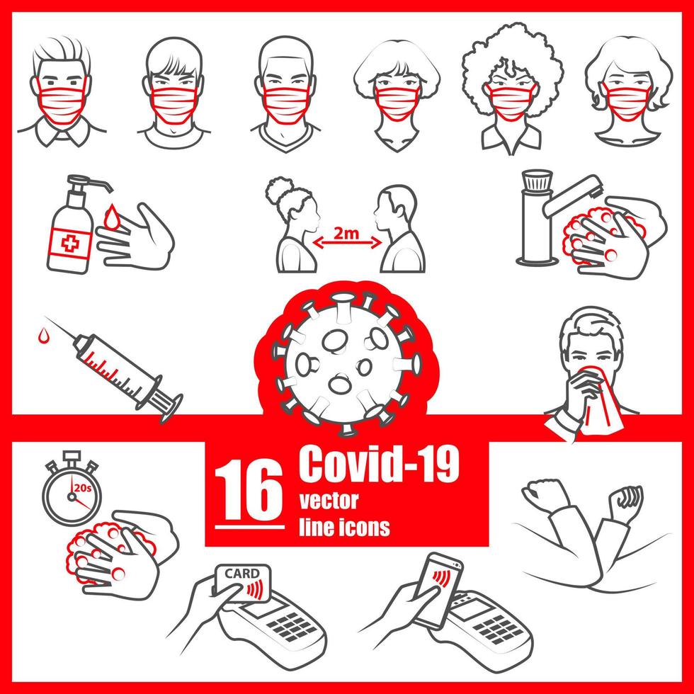 Editable Vector Line Icons - Covid-19 Safety and Prevention Rules Set