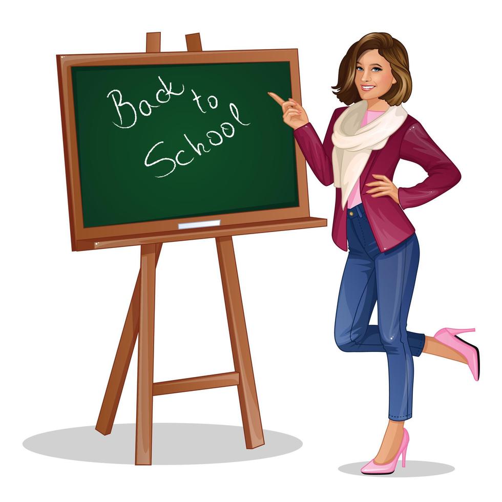 Young woman teacher standing pointing at blackboard with Back to School text. Vector illustration