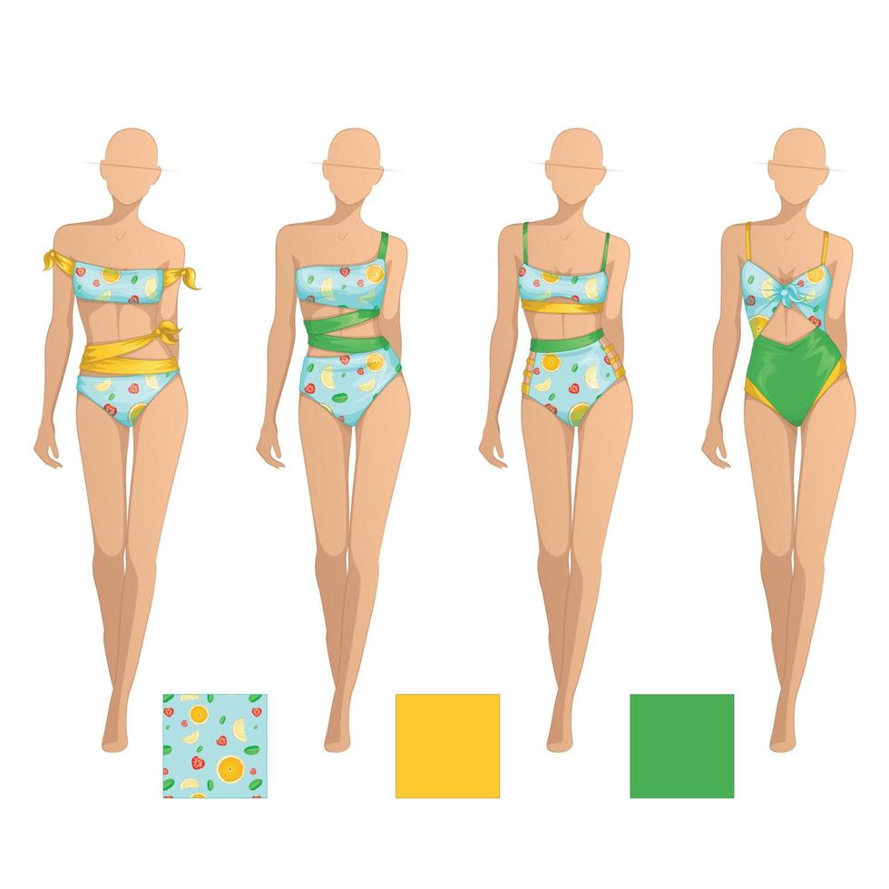 Fruity colorful summer women's bikini swimsuits vector