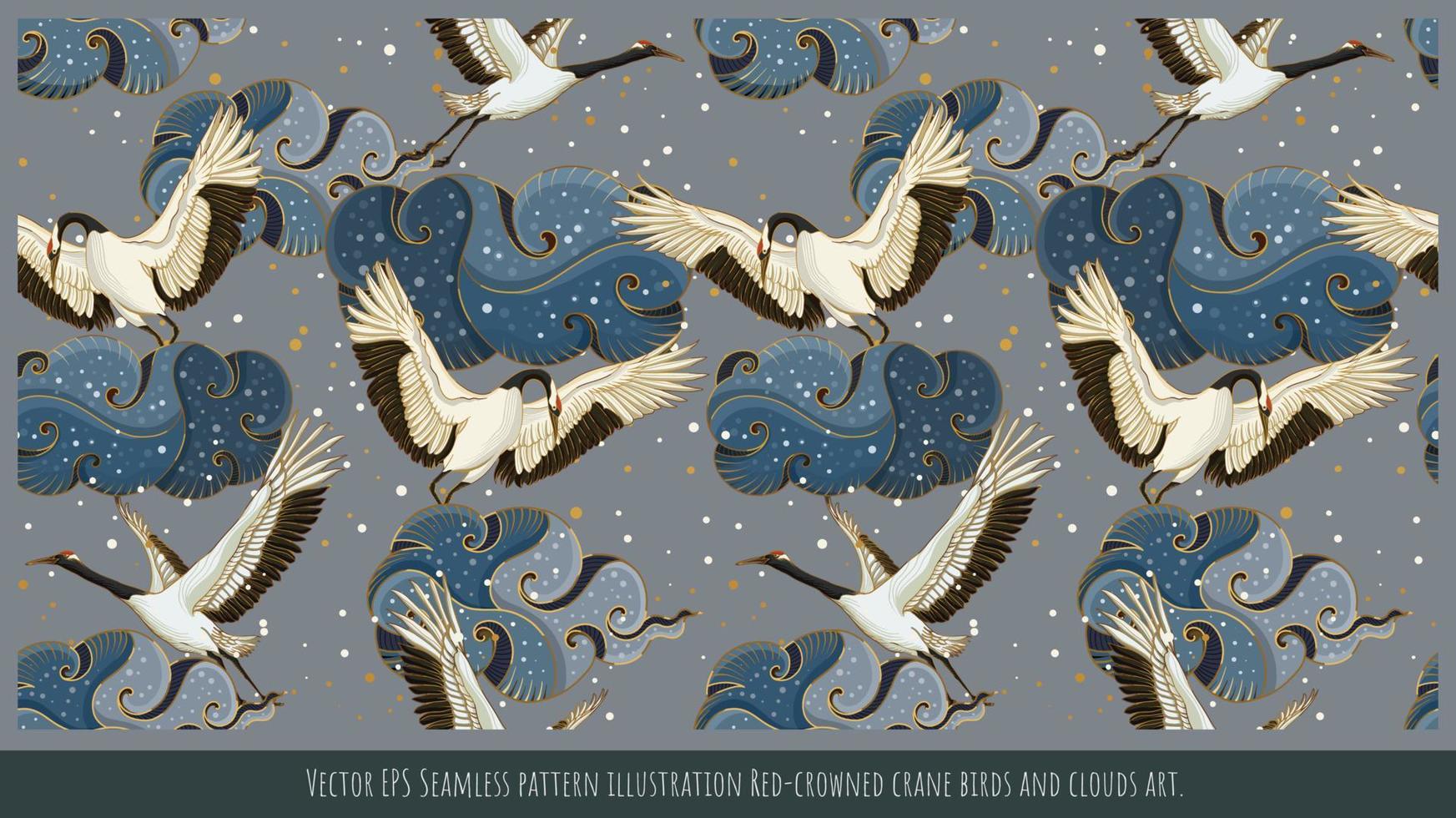 Vector EPS Seamless pattern illustration Red-crowned crane birds and clouds art