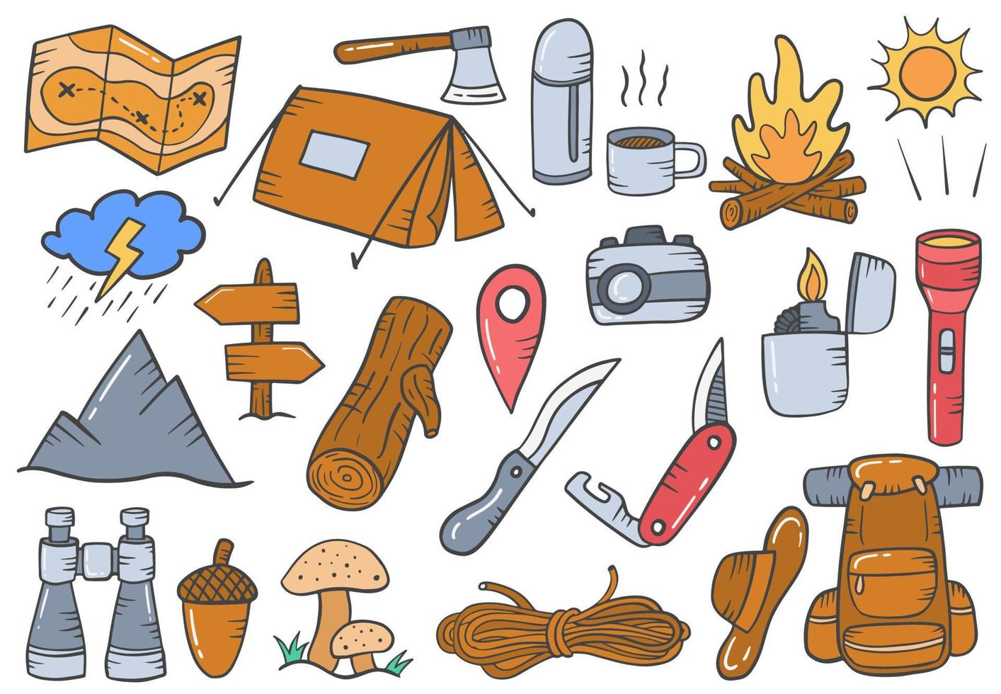 camping outdoor concept doodle hand drawn set collections with flat outline style vector