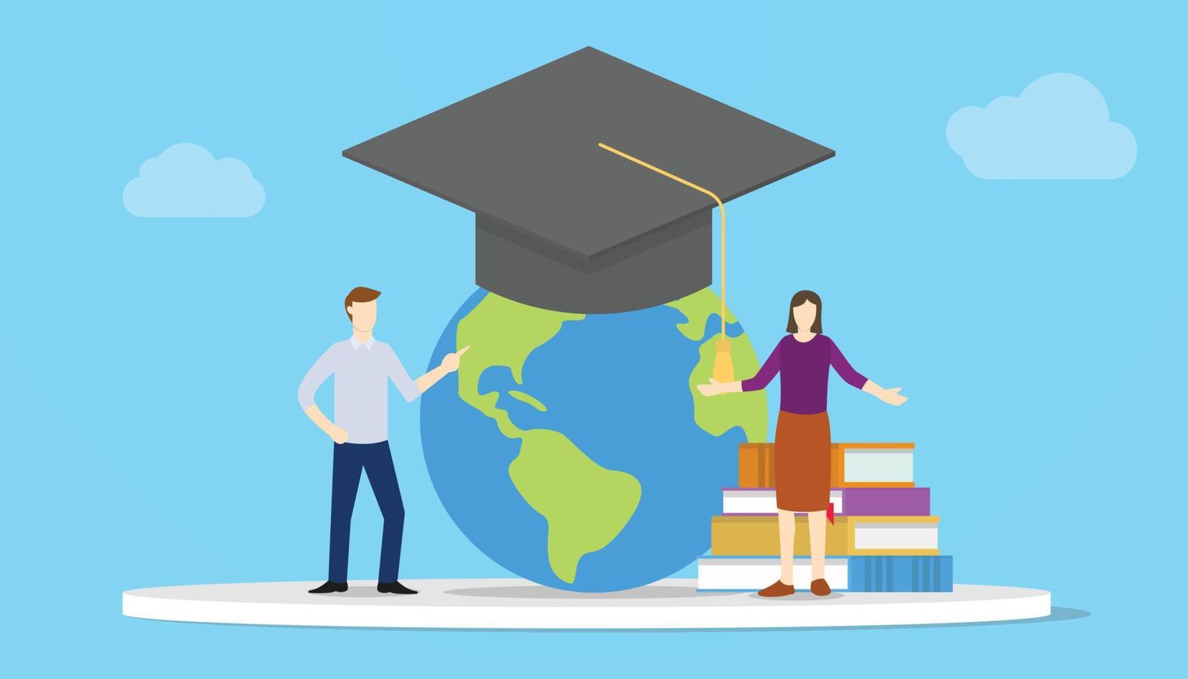 global education concept with people and globe with graduation hat modern flat style vector