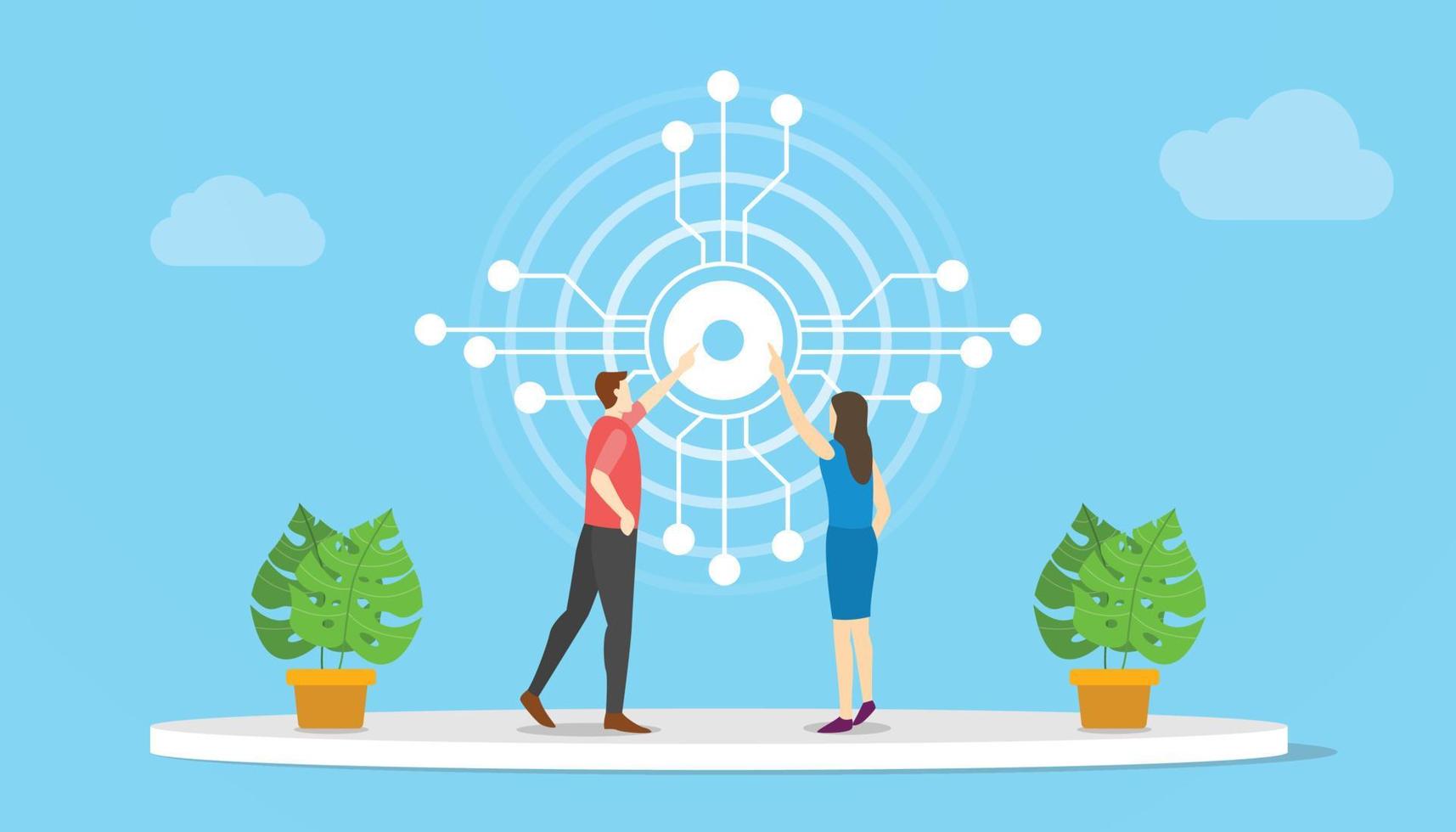 touch screen technology concept with man and woman touching digital objects with modern flat style vector