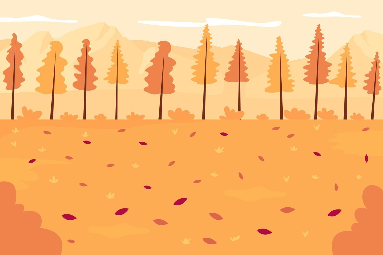 Ilustración de vector de color plano de bosque de otoño. paisaje estacional. paisaje otoñal panorámico. paisaje en octubre y noviembre. bosque de otoño paisaje de dibujos animados 2d sin gente en el fondo