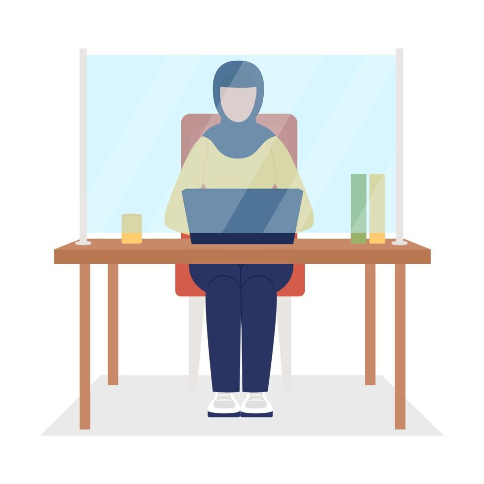 Worker with shield on desk semi flat color vector character. Sitting figure. Full body person on white. After covid isolated modern cartoon style illustration for graphic design and animation