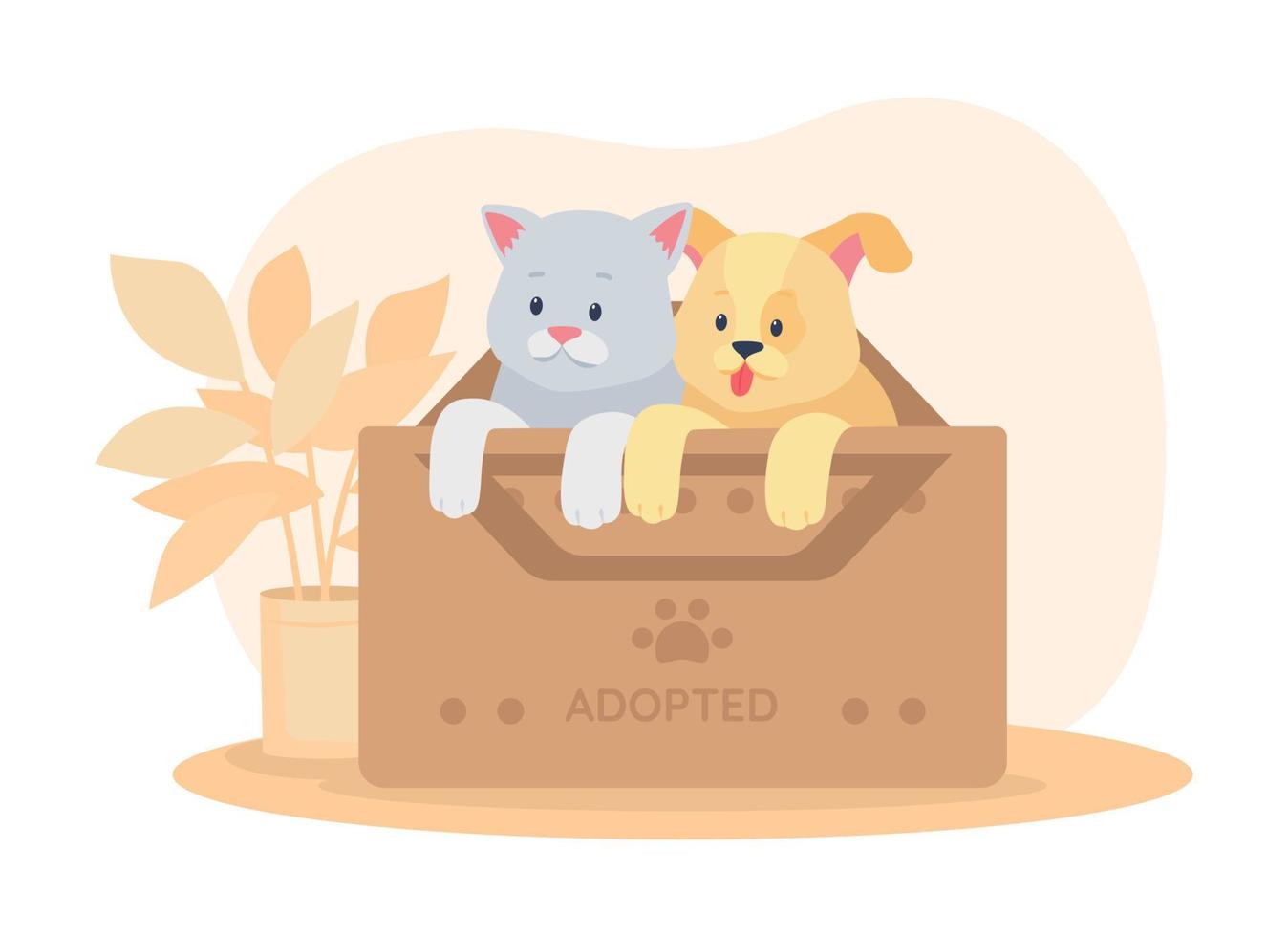 mascotas rescatadas en caja 2d vector ilustración aislada. salvar animales. perro y gato en contenedor para refugio. lindo gatito y cachorro personajes planos sobre fondo de dibujos animados. adopción colorida escena