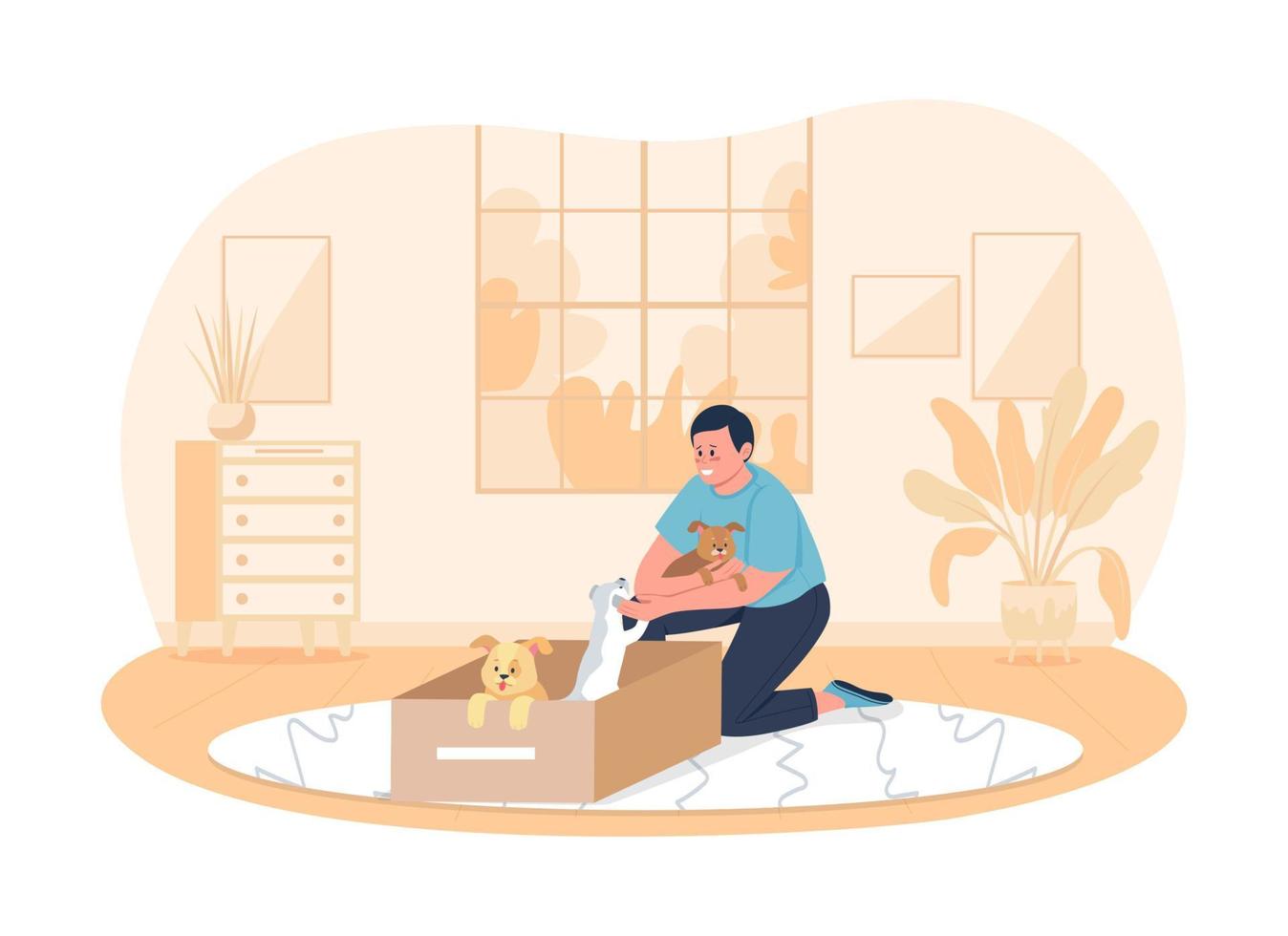 Adopting dogs 2D vector isolated illustration. Happy man sitting on floor with puppies flat characters on cartoon background. Owner taking pets. Rescuing domestic animals colourful scene