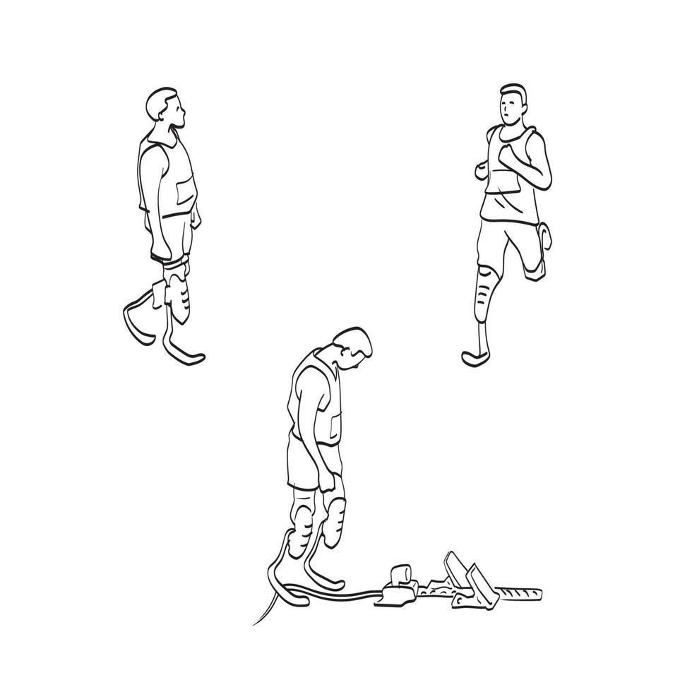 atleta masculino físicamente discapacitado con vector de ilustración de piernas protésicas aislado sobre fondo blanco arte lineal.