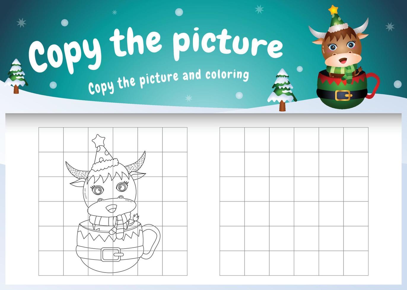 copy the picture kids game and coloring page with a cute buffalo on the cup vector