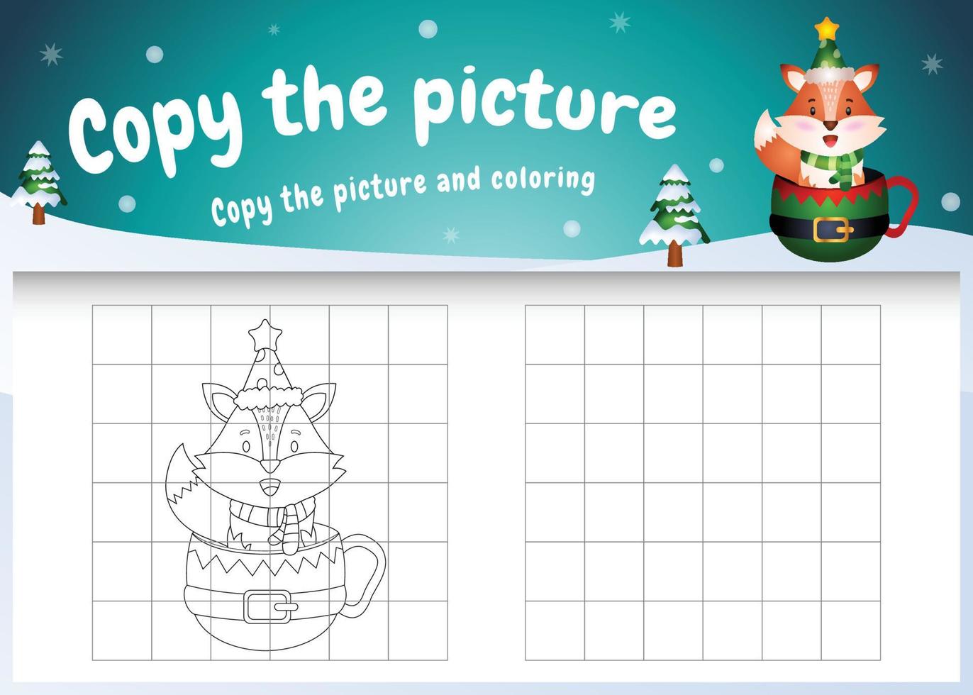 copy the picture kids game and coloring page with a cute fox on the cup vector