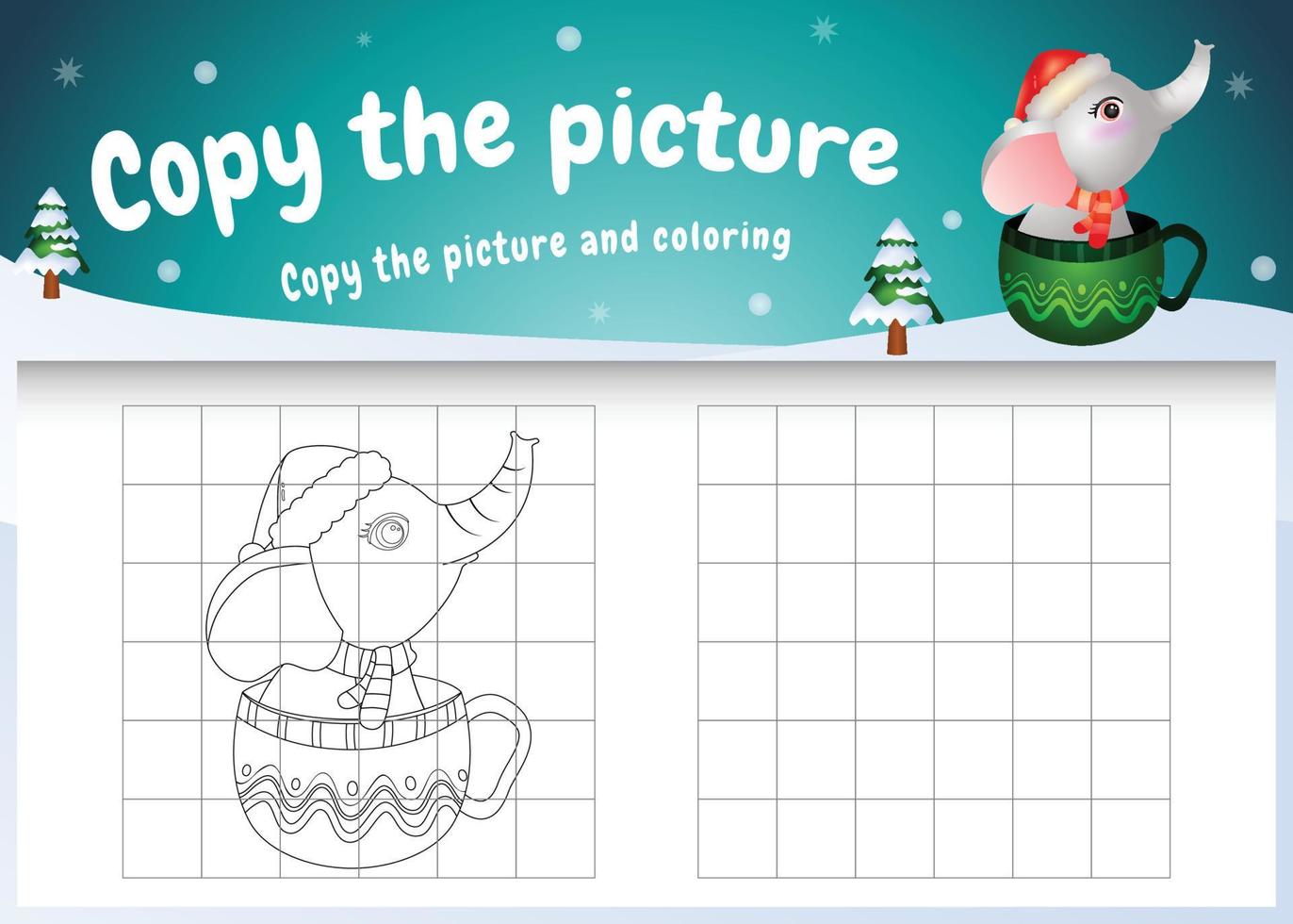 copy the picture kids game and coloring page with a cute elephant on the cup vector