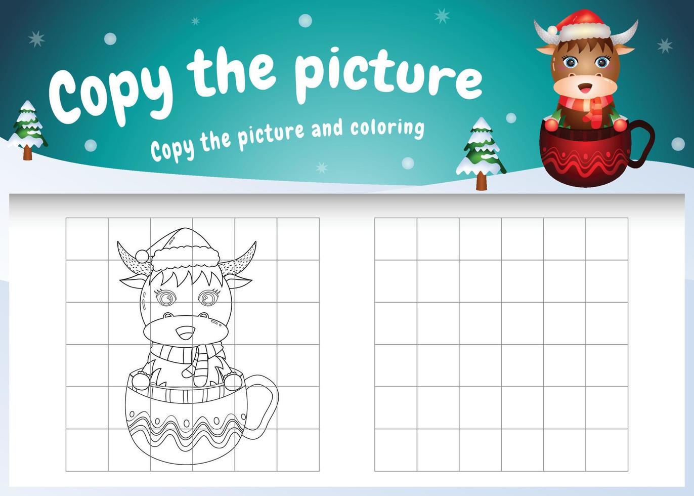copy the picture kids game and coloring page with a cute buffalo on the cup vector