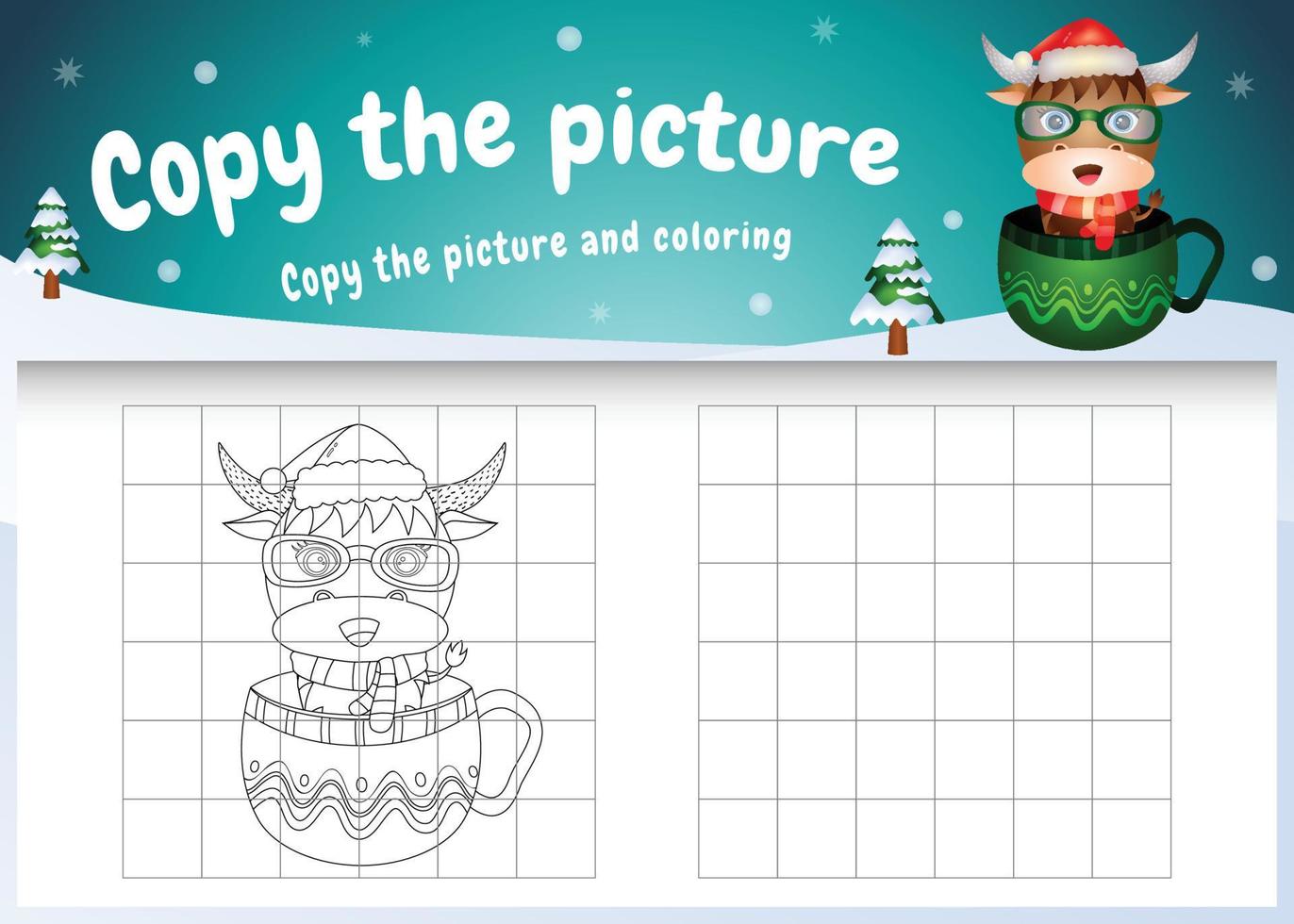 copy the picture kids game and coloring page with a cute buffalo on the cup vector