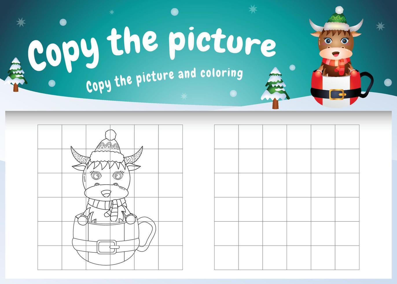 copy the picture kids game and coloring page with a cute buffalo on the cup vector