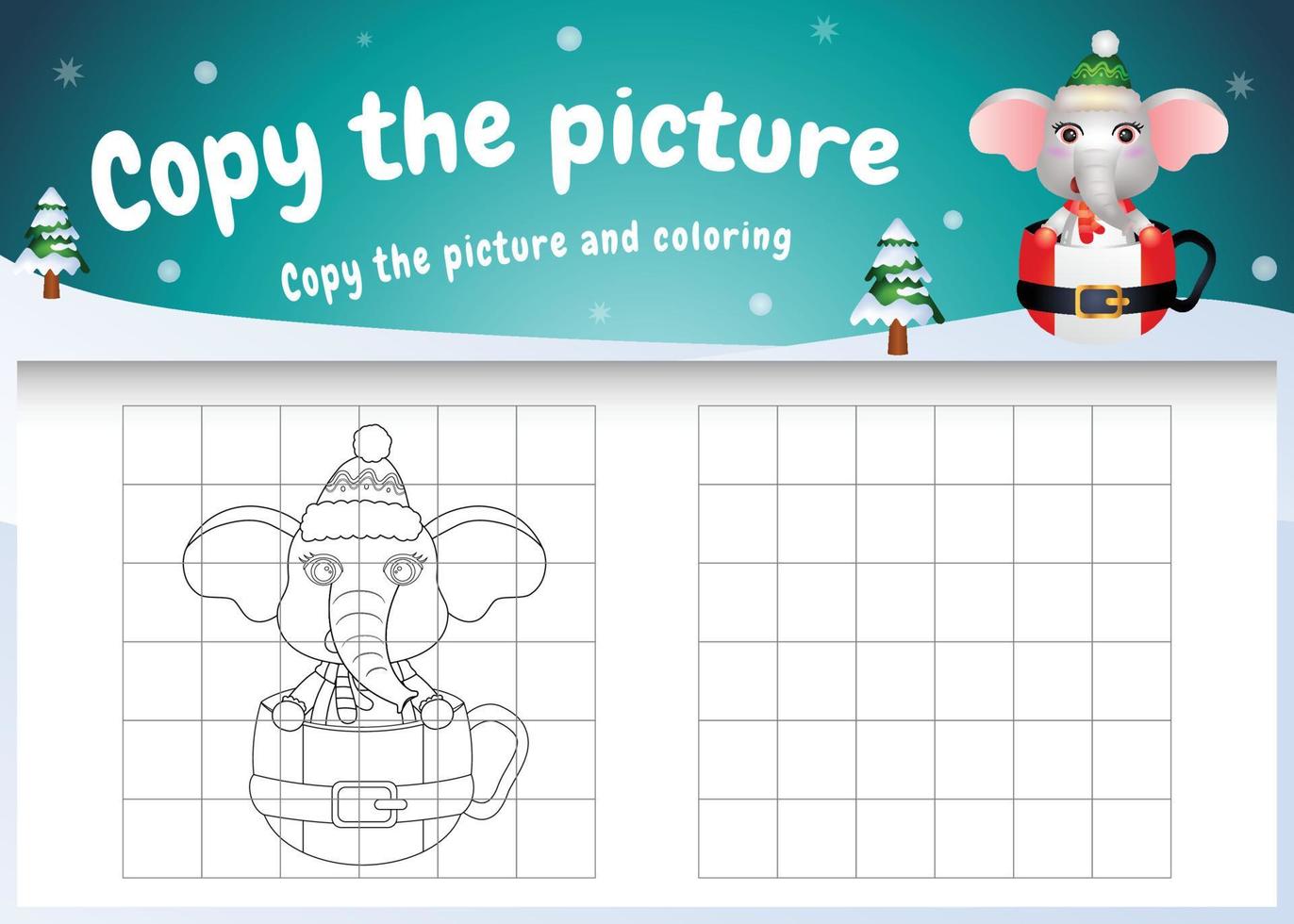 copy the picture kids game and coloring page with a cute elephant on the cup vector