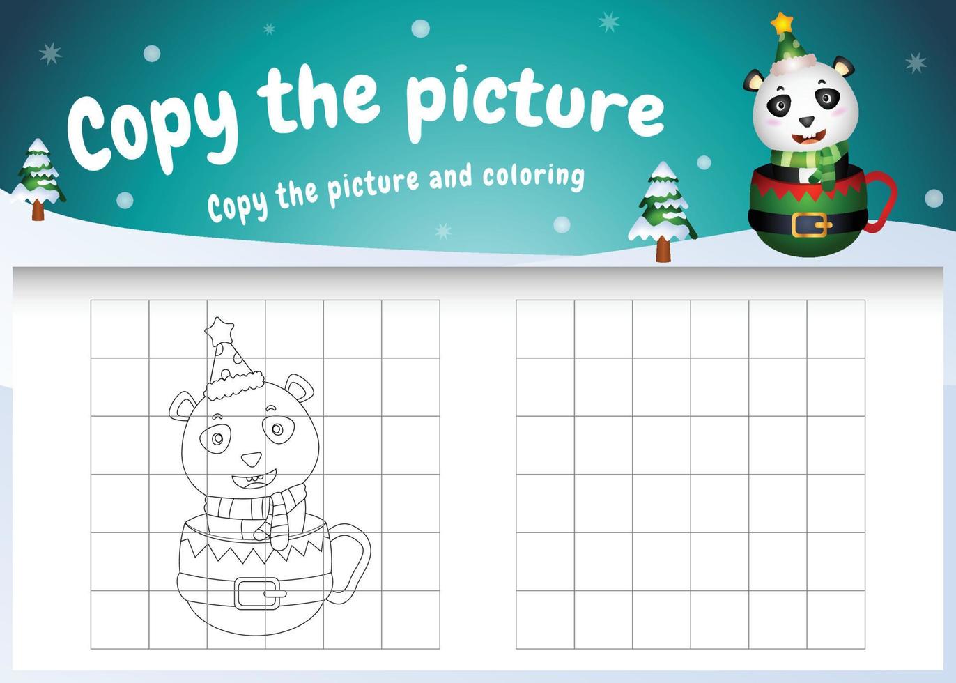 copy the picture kids game and coloring page with a cute panda on the cup vector