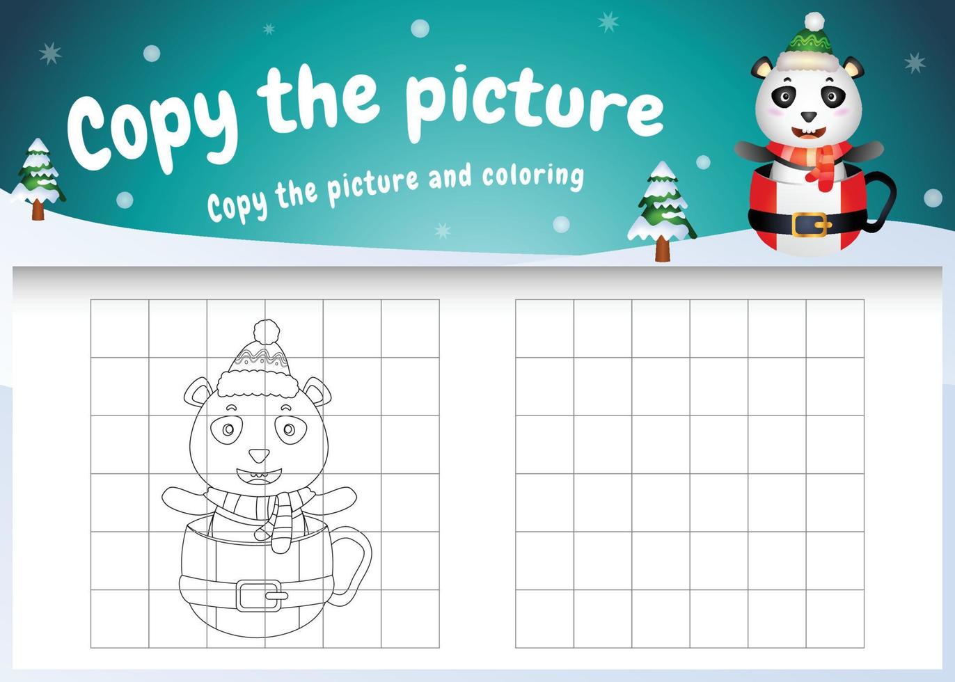 copy the picture kids game and coloring page with a cute panda on the cup vector