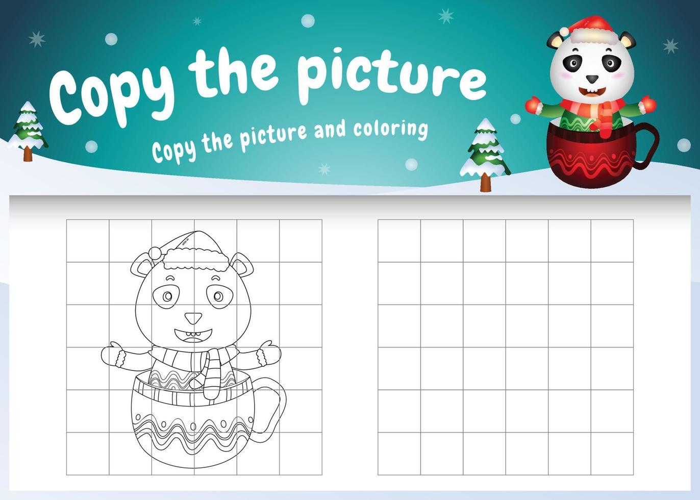 copy the picture kids game and coloring page with a cute panda on the cup vector