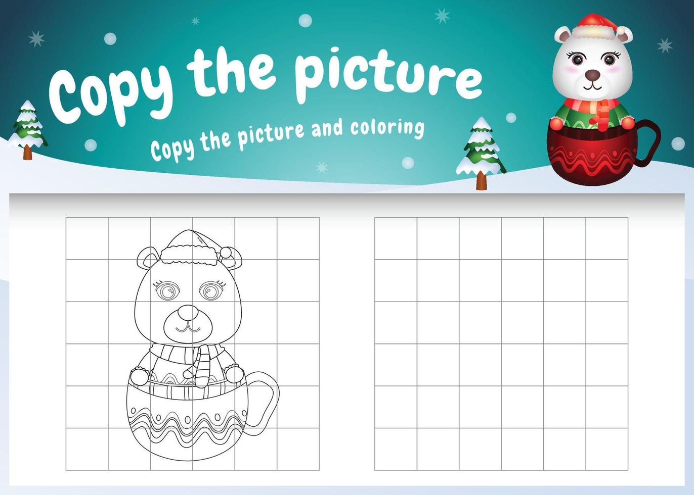 copy the picture kids game and coloring page with a cute polar bear on the cup vector