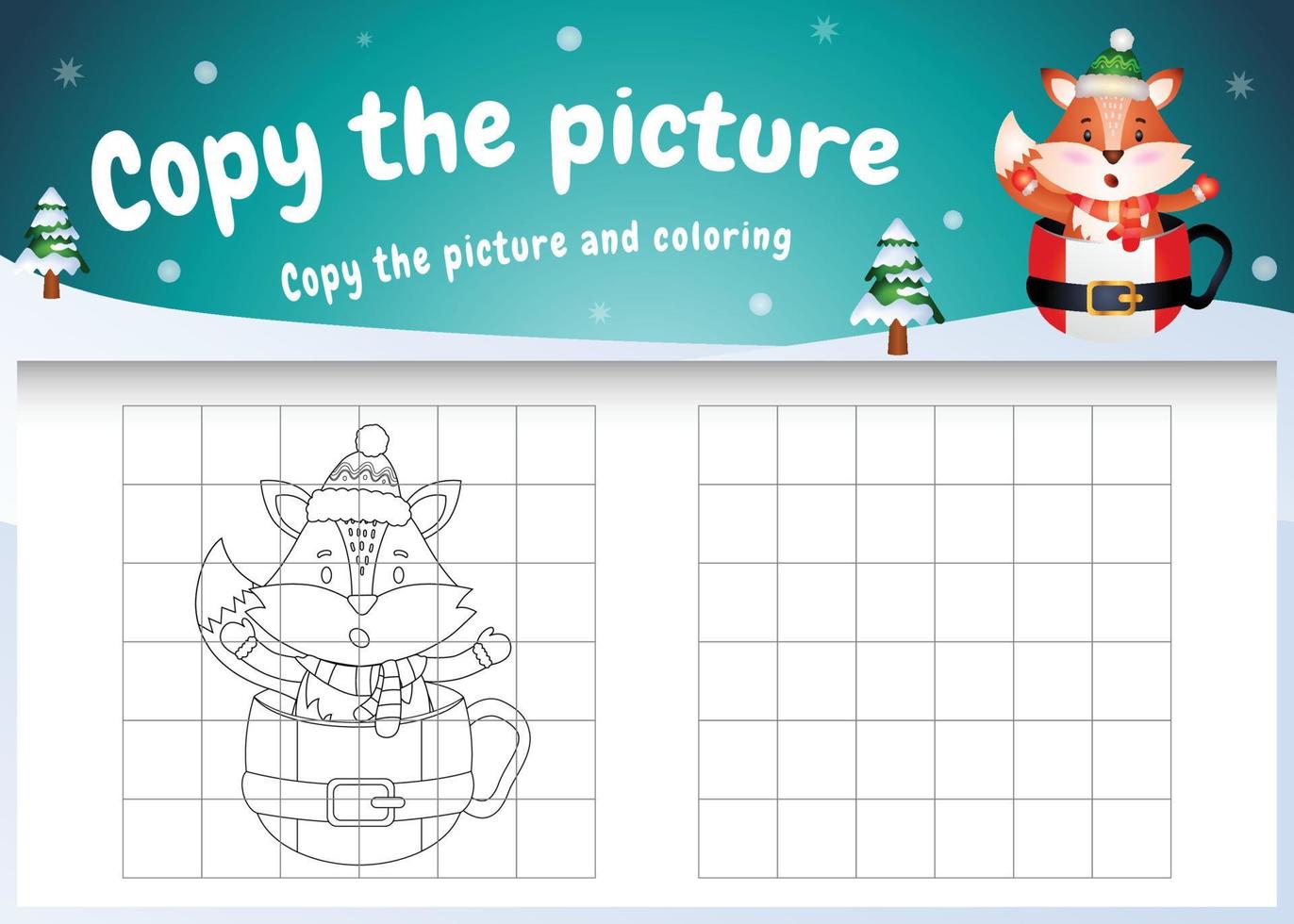 copy the picture kids game and coloring page with a cute fox on the cup vector