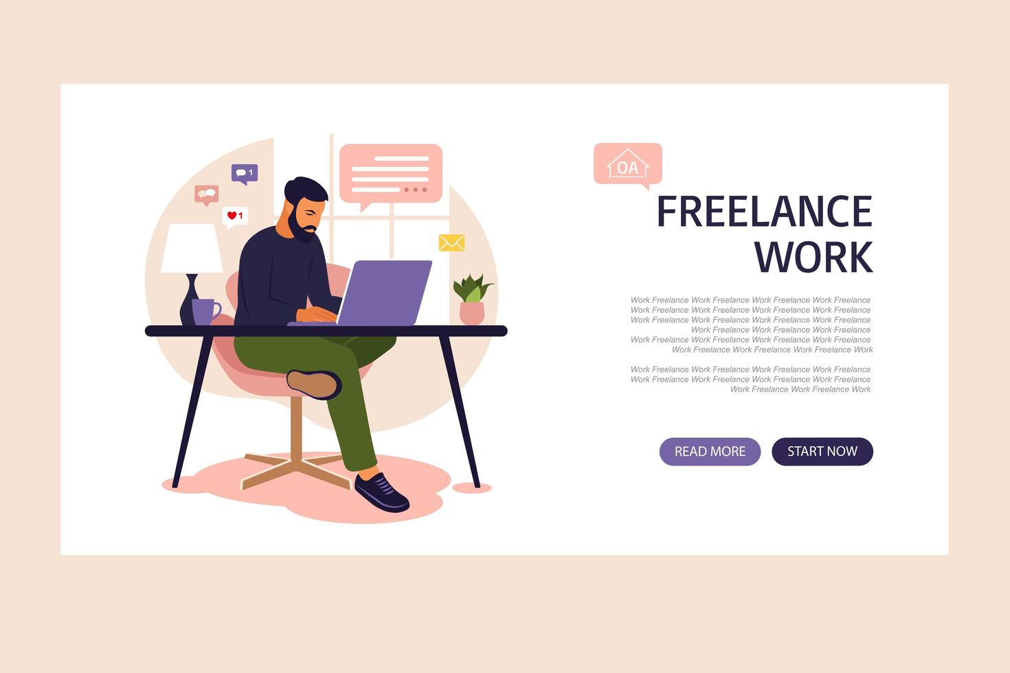 Man sitting in a sofa and working online at home. Home working . Landing page. Freelance, online education or social media concept. Vector illustration isolated on white. Flat style.