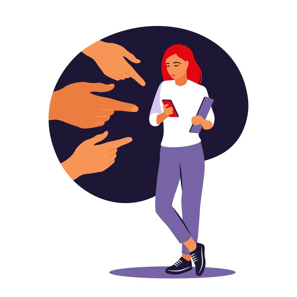 Bullying concept. Opinion and the pressure of society. Shame. Hands of people point to the girl. Non-confident woman. Vector. Flat vector