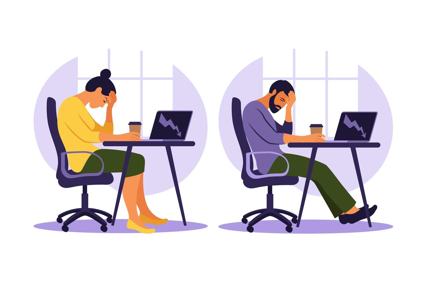 Professional burnout syndrome. Illustration tired office worker sitting at the table. Frustrated worker, mental health problems. Vector illustration in flat.