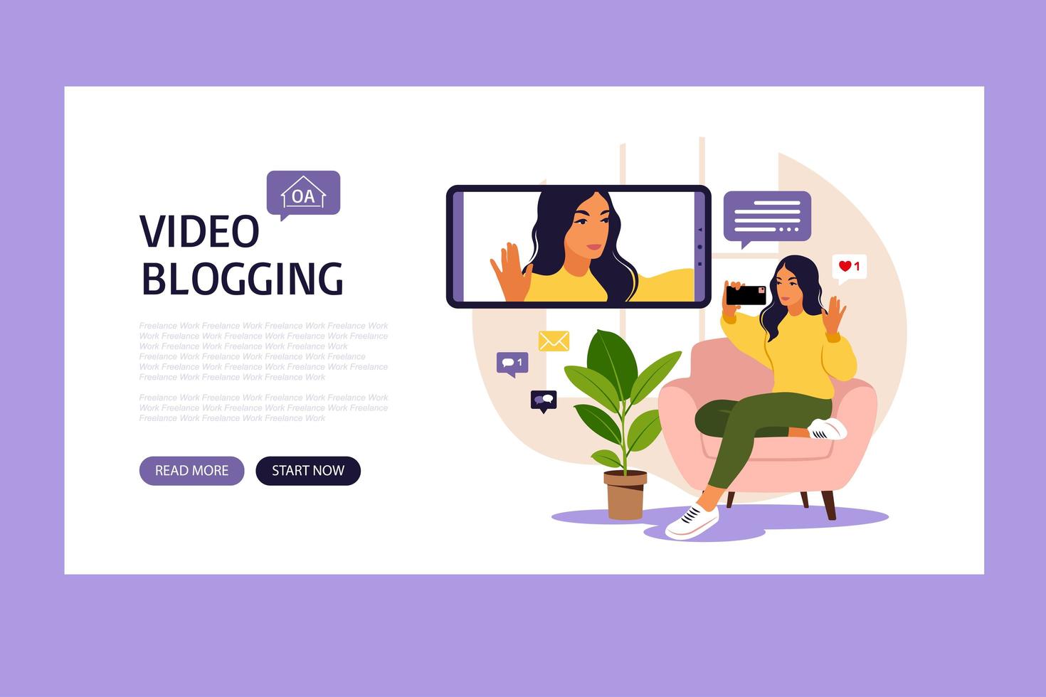 Woman video blogger sitting on sofa with phone and recording video with smartphone. Landing page. Different social media icons. Vector illustration in flat style.