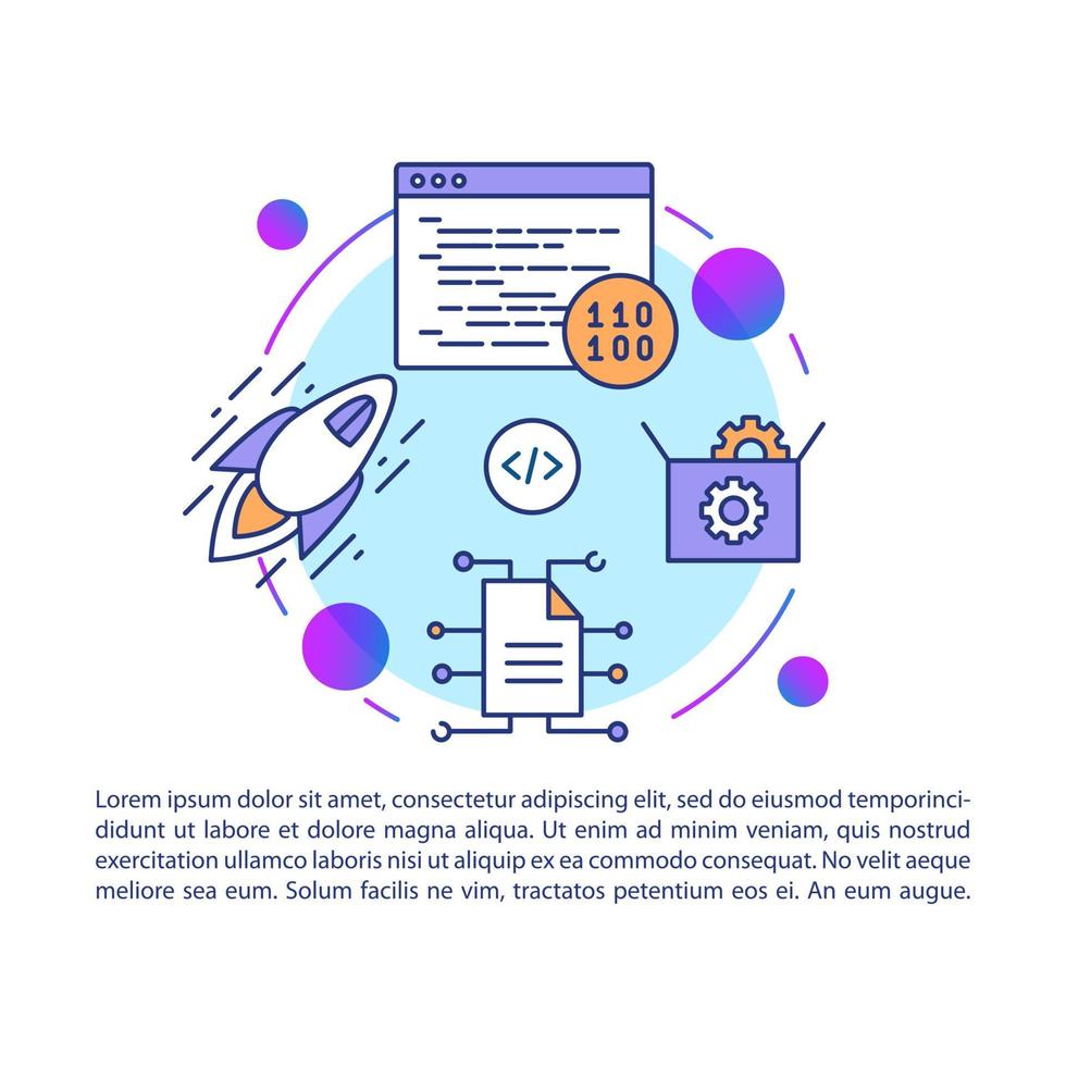 Software development article page vector template. Binary system. Brochure, magazine, booklet design element with linear icons, text boxes. Print design. Concept illustrations with text space